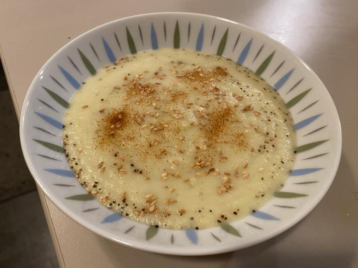 Cauliflower soup with potatoes, onions, and garlic 