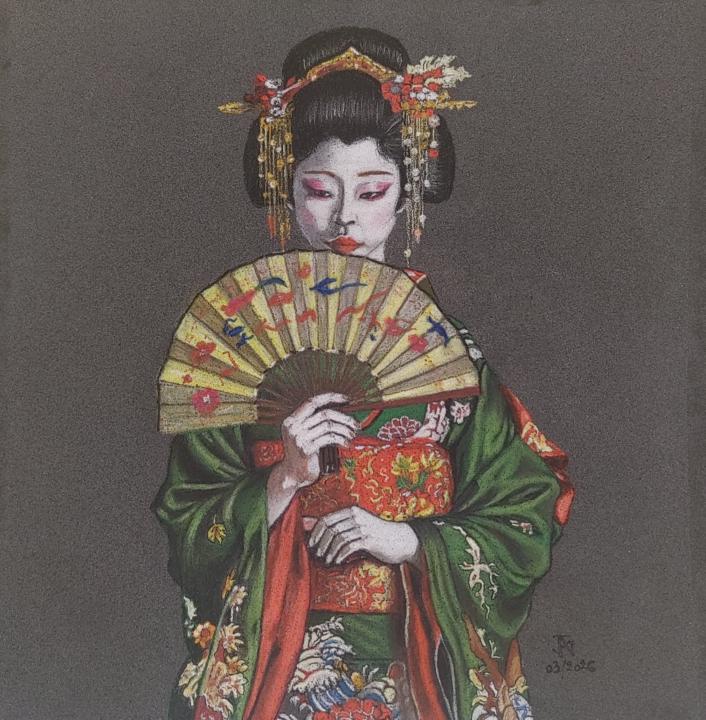 Geisha con kimono verde