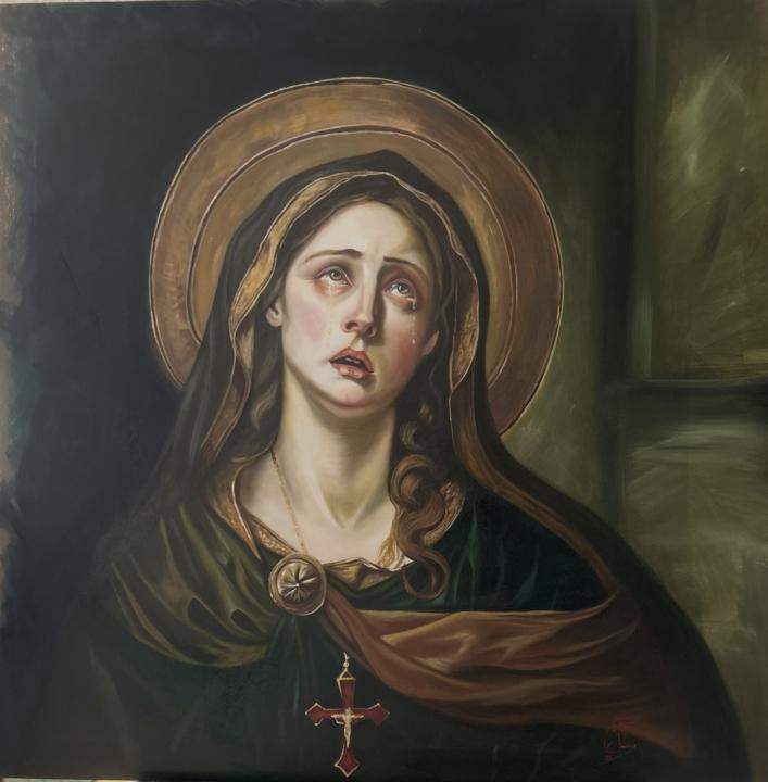 VIRGEN MARIA, ANGEL CAIDO Y ENTRE EL DOLOR Y LA REDENCIÓN. oleos sobre lienzo .