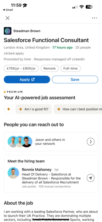 New Job: Salesforce Functional Consultant: No Code : Salary £70K/yr-£80K/yr