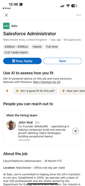 Salesforce  Admin Job Posted 1 day ago: £45k - £55k