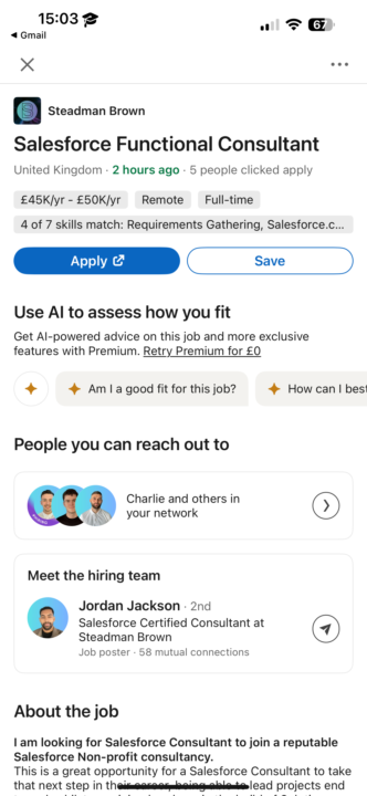 New Easy Salesforce Role Posted 2hrs ago on LinkedIn Salary up to £55K/yr Fully Remote