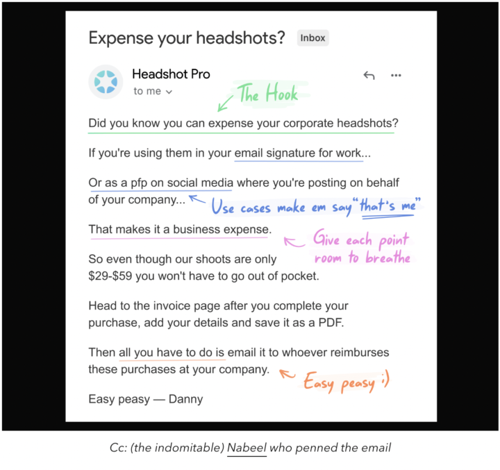 "Expense Your Headshots" email copy