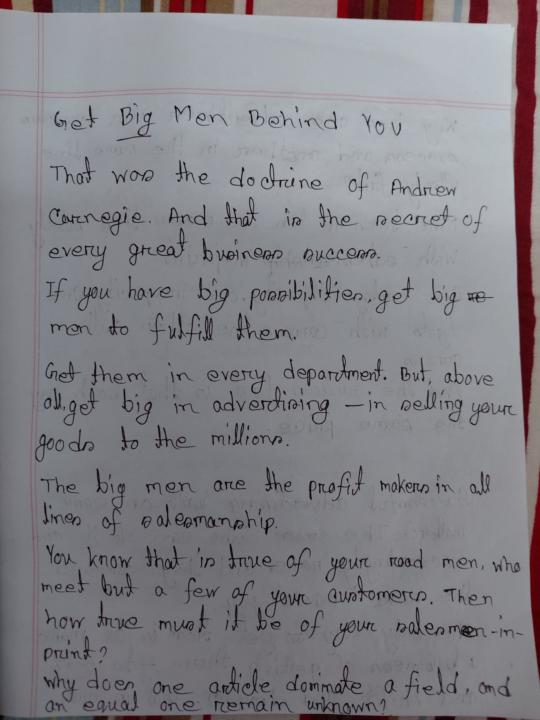 Handcopied claude hopkins "Get Big Men Behind You" ad.