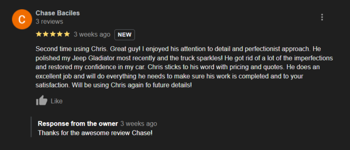 Here is a 5 Star Review Recently (Apex)