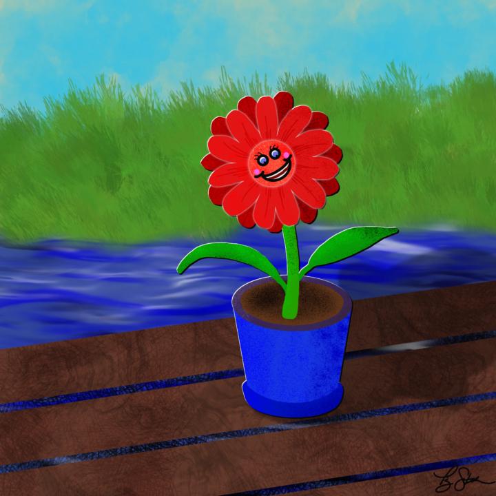 Happy (and possibly adventurous?) Potted Flower Visits the Lake