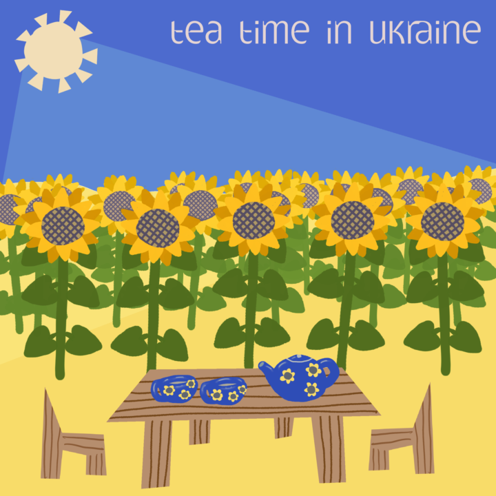 Prompt: Tea, farm, busy, yellow & blue