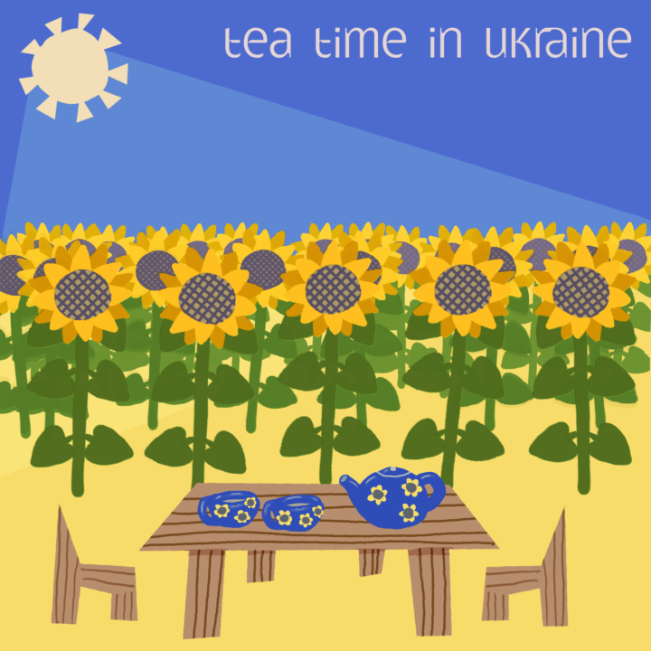 Prompt: Tea, farm, busy, yellow & blue