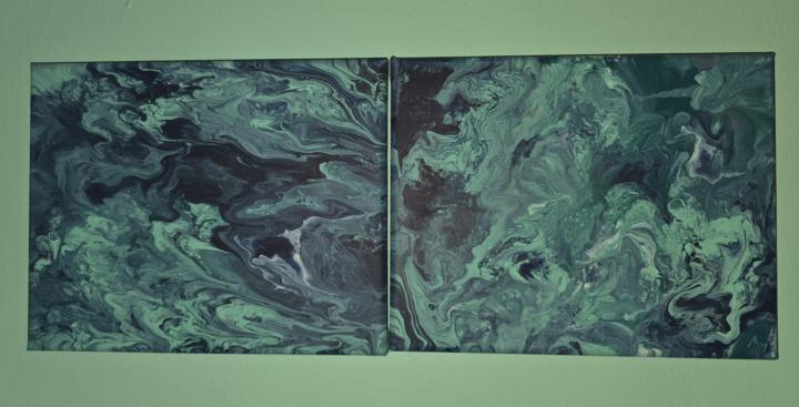 Abstract Pour Paint in Aqua, Navy, and White