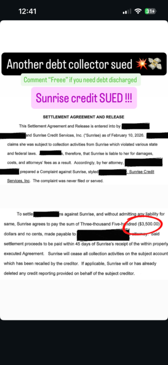 Sunrise credit sued $3,500💥💯
