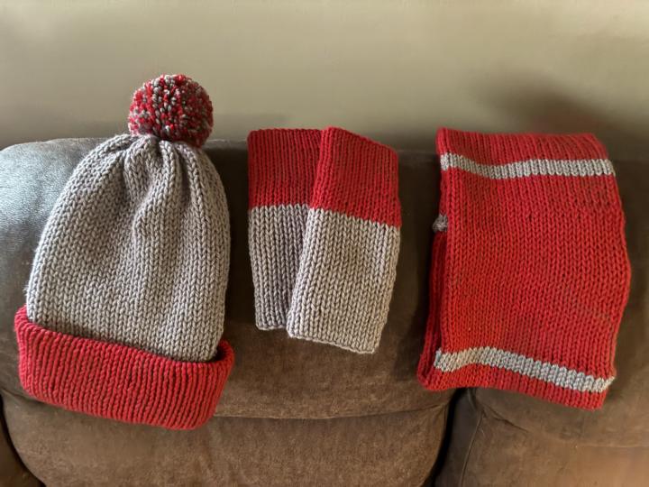 Red and Gray Hat, Infinite Scarf, and Gloves