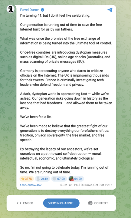 Telegram-Gründer Pavel Durov: Mir läuft die Zeit davon. Uns läuft die Zeit davon.