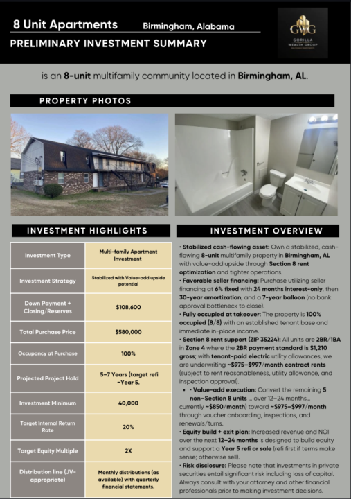 DEAL ALERT: 8-Unit Stabilized Cash Flow + Section 8 Upside (Birmingham, AL)