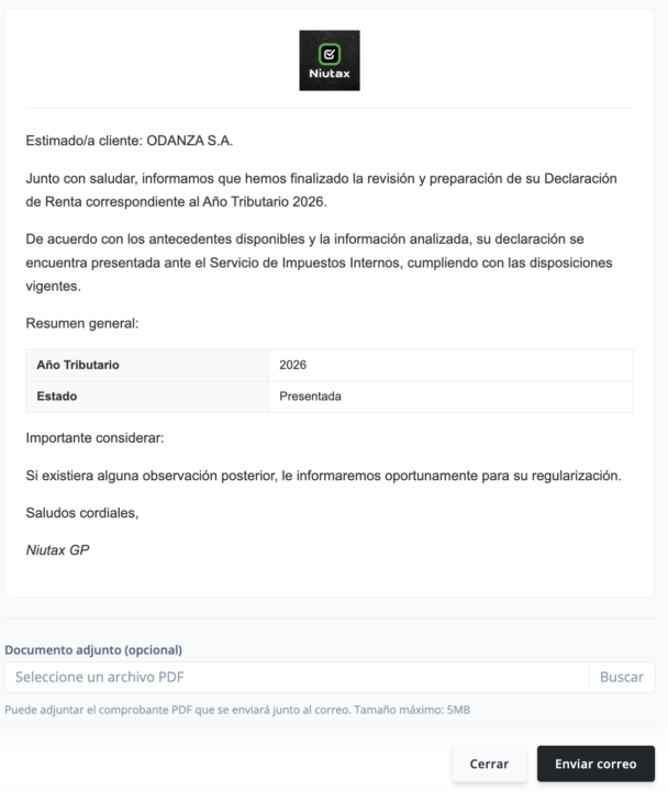 Email de notificación Renta 2026