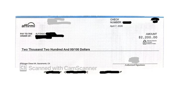 Got ANOTHER ONE!- $2,200 Check from Affirm
