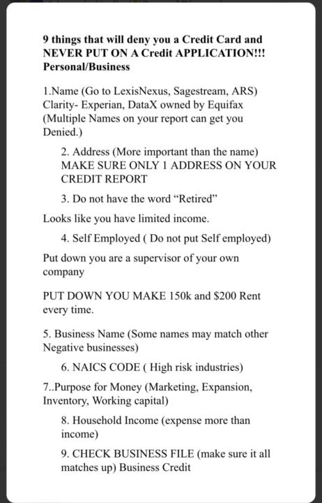 9 things that will deny you a Credit Card and NEVER PUT ON A Credit APPLICATION!!!