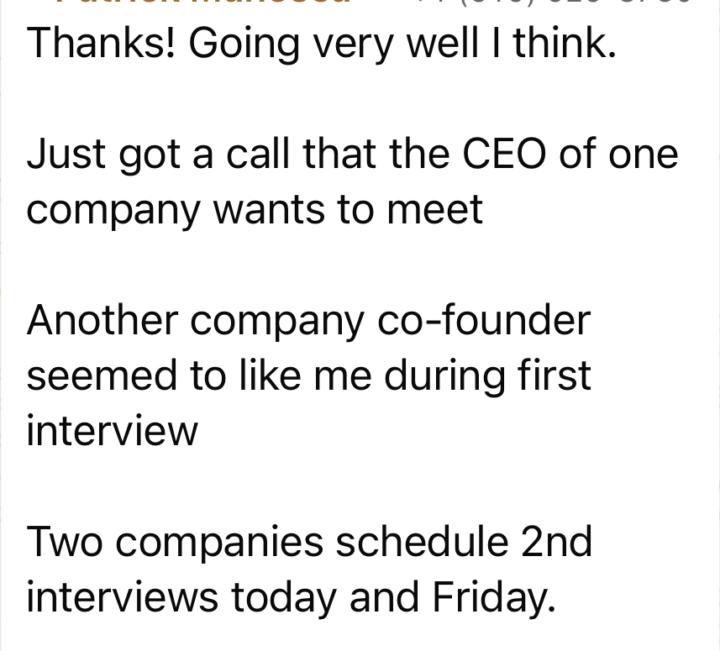 Patrick, Account Executive, raking in the second/third round interviews!