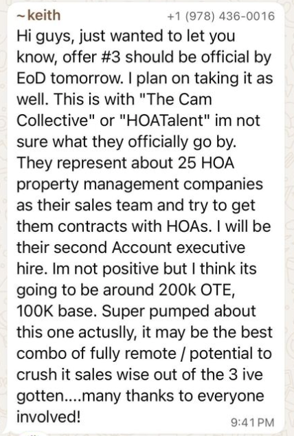 Keith, Account Executive, landing THIRD job offer!!