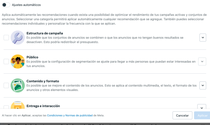 Recomiendan activar los ajustes automáticos Meta Adds?