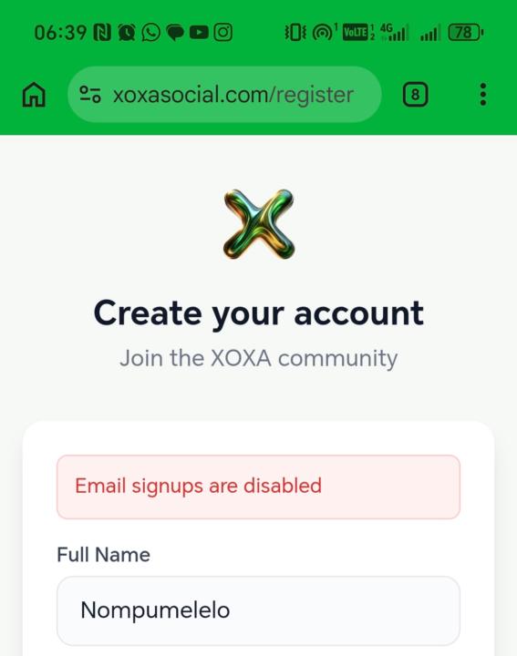 Xoxa Social sign up