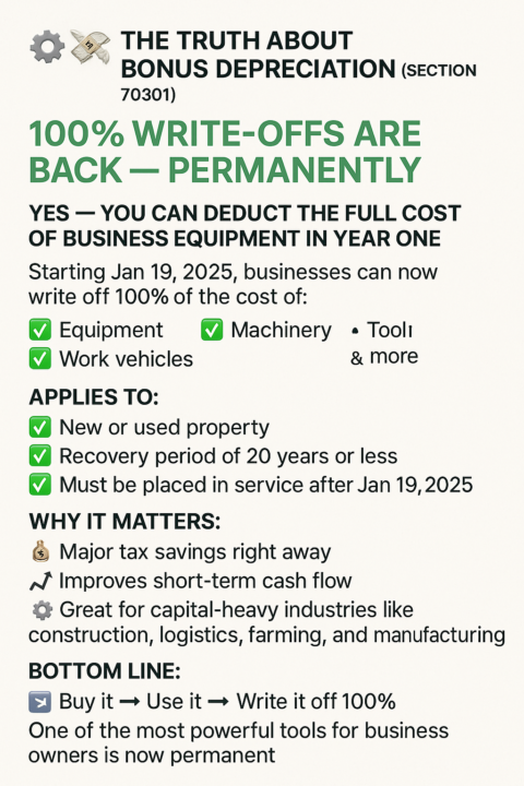 ⚙️💸 The Truth About Bonus Depreciation (Section 70301) 100% Write-Offs Are Back — Permanently! 
