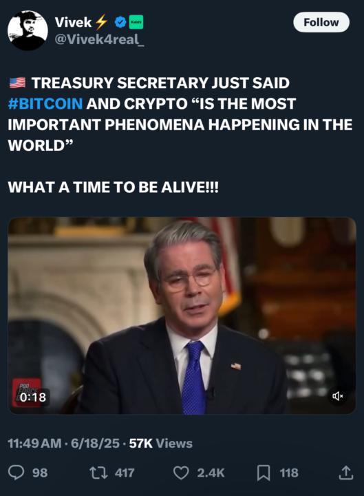 Bitcoin is the most important thing happening according to Treasury Secretary 