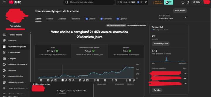 Avancement de ma chaîne YouTube : 500 abonnés atteints