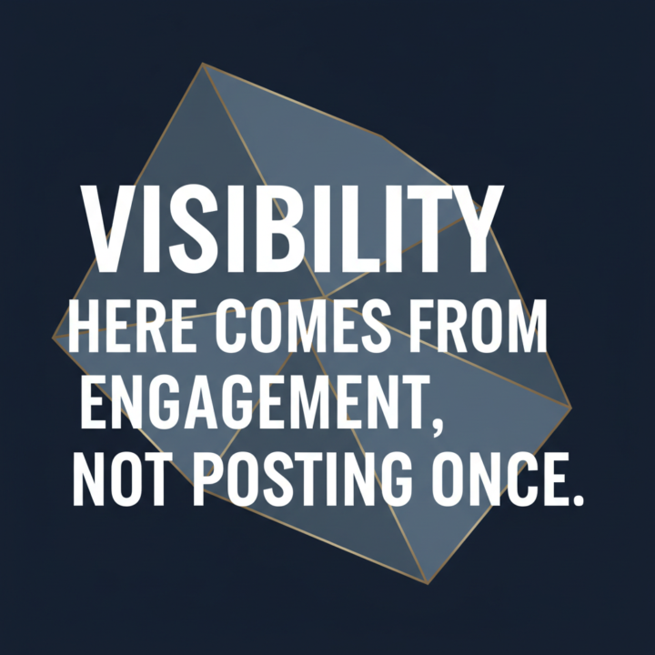 Visibility here comes from engagement, not posting once.