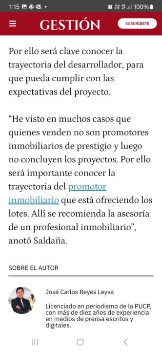Entrevista en GESTION,  como evitar estafas en la compra venta de Terrenos 