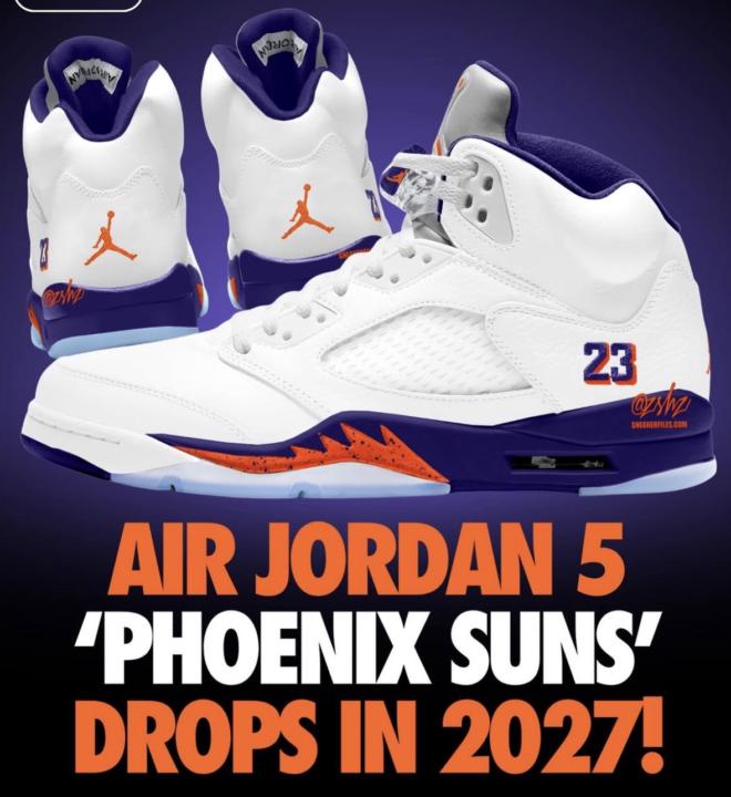 The Air Jordan 5 "Phoenix Suns" is expected to release in Spring 2027, according to leaks from zSneakerHeadz. (These pics are mockups)