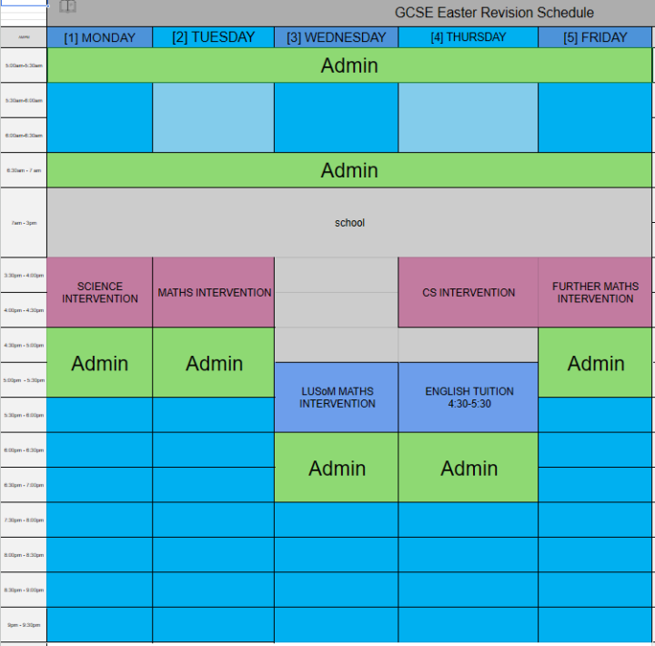 ive planned my weekday revision schedule i just need help filling it in?