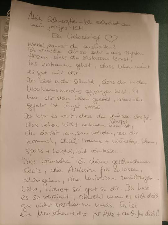 Hausaufgabe: "Mein Schmerzfrei- ICH schreibt meinem jetzigem ICH einen Liebesbrief💖