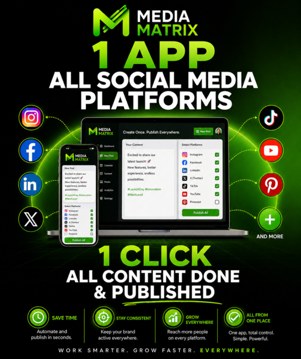 1 app - all social media platforms, 1 click - all content done and published. 