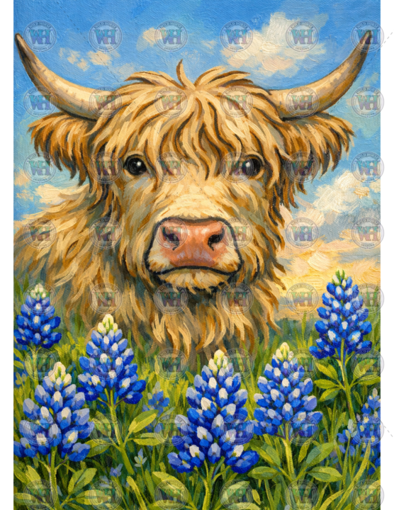 Highland Cow in Bluebonnets