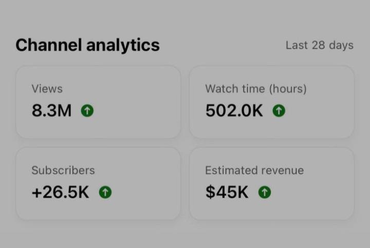 8.3M views. 500K+ watch hours. +26.5K subscribers in 28 days.