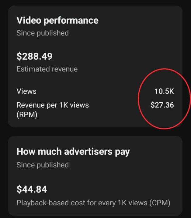 10.5K views → $288.49 generated 💰 That’s a $27.36 RPM.