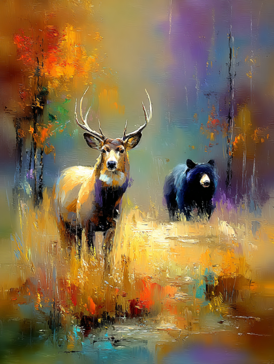 A Buck and a Bear in an Orchard