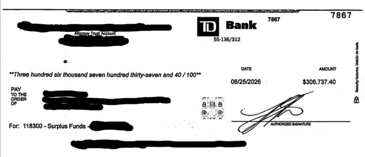 Another Surplus Funds Check $306K