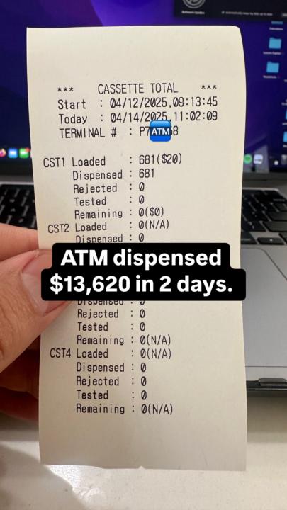 ATM dispensed $13,620 in 2 days! 