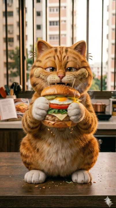 Fat cat eating burger