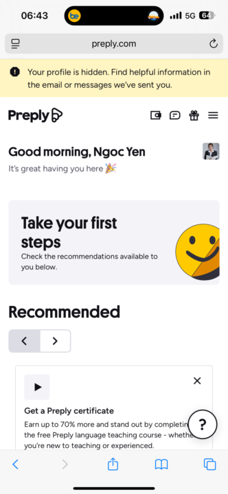 Tài khoản Preply vẫn ẩn sau khi được Approve