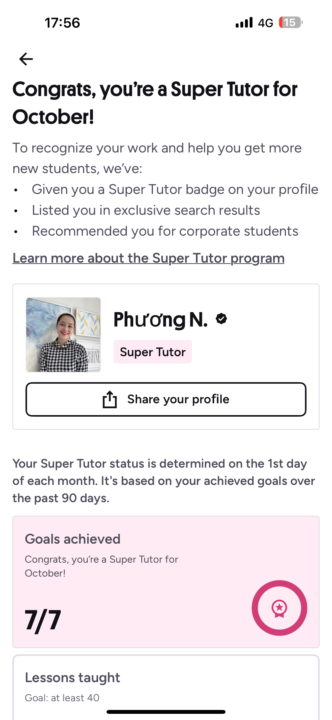 Cảm ơn 5M, em/ mình đã đạt Super Tutor