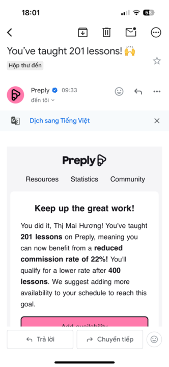 Em đã đạt 201 giờ dạy và được giảm phí Prep thu r nè