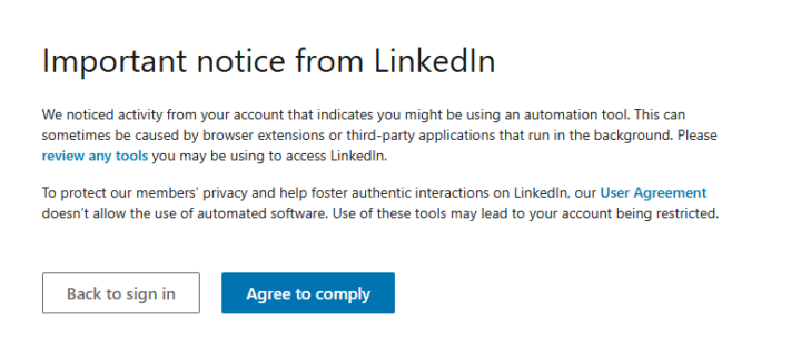 We-Connect LinkedIn Warning Message Received - Workaround?