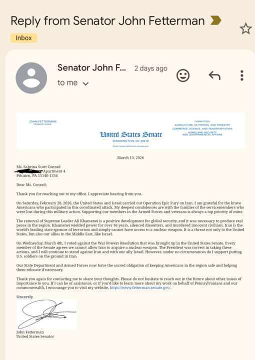 A letter from Senator John Fetterman 