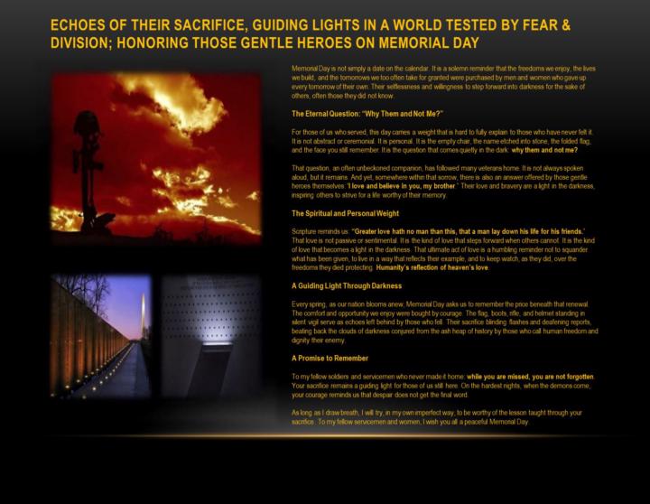 ECHOES OF THEIR SACRIFICE, GUIDING LIGHTS IN A WORLD TESTED BY FEAR & DIVISION; HONORING THOSE GENTLE HEROES ON MEMORIAL DAY