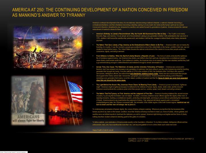 America at 250: The Continuing Development of a Nation Conceived in Freedom as Mankind’s Answer to Tyranny