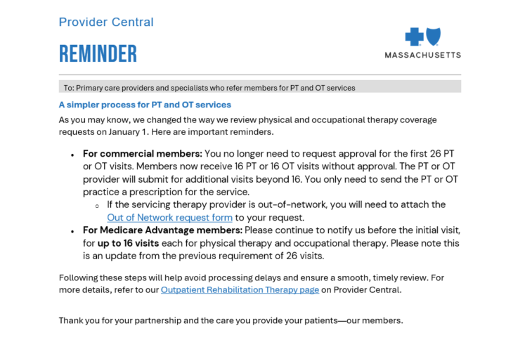 Reminder for Massachusetts BCBS providers 