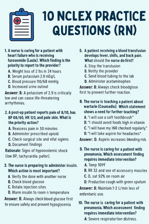 🩺 NCLEX Practice Sheet: Quick Review Questions