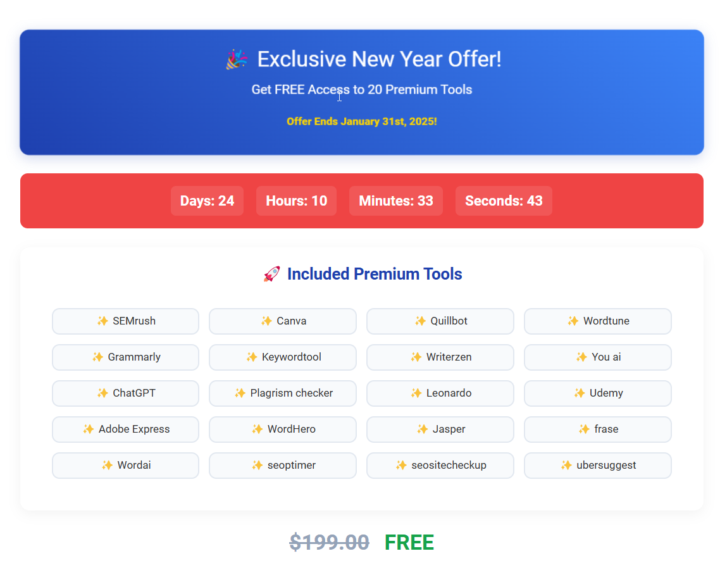 🎯 Unlock 20 Premium Tools for FREE – Limited Time Offer! 🚀